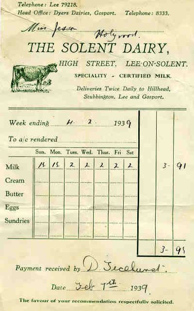 Gosport Ephemera The Solent Dairy Invoice