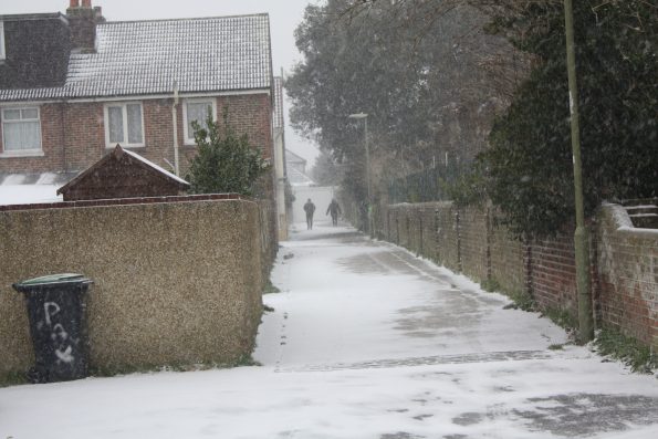 Snow in Gosport Hampshire Alley between Tribe Road and Vernon Rd 1st March 2018 by T Newton